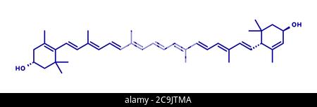 Lutein yellow-orange plant pigment molecule. Used as food and feed additive but also naturally present in many vegetables. Blue skeletal formula on wh Stock Photo