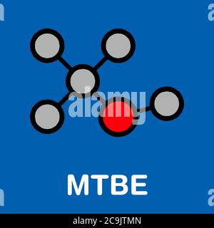 Methyl tert-butyl ether (MTBE, tBME) gasoline additive molecule. Stylized skeletal formula (chemical structure). Atoms are shown as color-coded circle Stock Photo