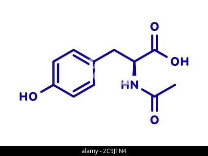 N-acetyl-tyrosine (NALT) molecule. Acetylated form of the amino acid tyrosine. Blue skeletal formula on white background. Stock Photo