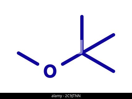 Methyl tert-butyl ether (MTBE, tBME) gasoline additive molecule. Blue skeletal formula on white background. Stock Photo