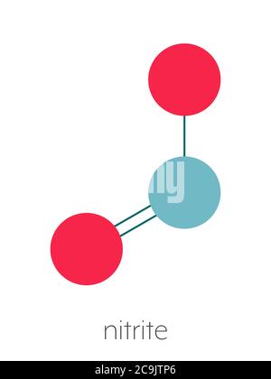 Nitrite (NO2-) anion. Nitrite salts are used in the curing of meat Stylized skeletal formula (chemical structure). Atoms are shown as color-coded circ Stock Photo