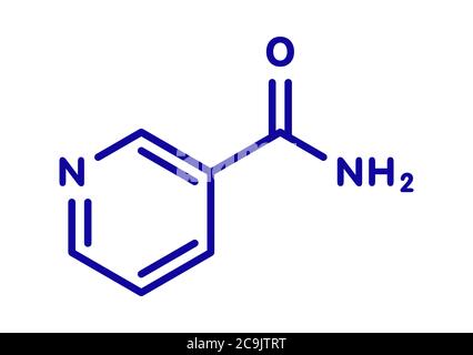 Nicotinamide drug and vitamin molecule. Blue skeletal formula on white background. Stock Photo