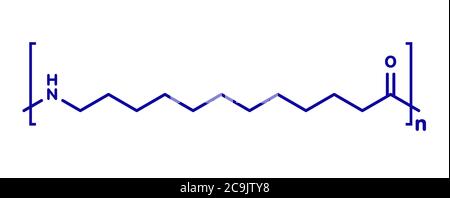 Nylon 12 polymer, chemical structure. Blue skeletal formula on white background. Stock Photo