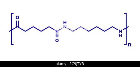 Nylon (nylon-6,6) plastic polymer, chemical structure. Blue skeletal formula on white background. Stock Photo
