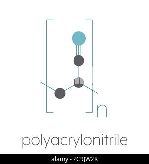Polyacrylonitrile (PAN) polymer, chemical structure. Stylized skeletal formula: Atoms are shown as color-coded circles connected by thin bonds, on a w Stock Photo