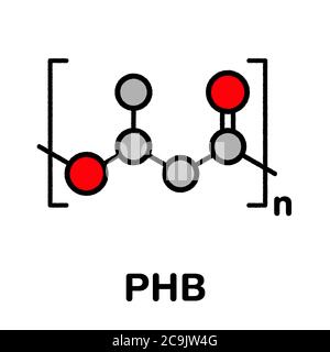 Polyhydroxybutyrate (PHB) biodegradable plastic, chemical structure. Polymer that is both bio-derived and compostable. Stylized skeletal formula: Atom Stock Photo