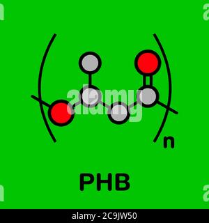 Polyhydroxybutyrate (PHB) biodegradable plastic, chemical structure. Polymer that is both bio-derived and compostable. Stylized skeletal formula: Atom Stock Photo