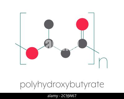 Polyhydroxybutyrate (PHB) biodegradable plastic, chemical structure. Polymer that is both bio-derived and compostable. Stylized skeletal formula: Atom Stock Photo