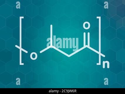 Polyhydroxybutyrate (PHB) biodegradable plastic, chemical structure. Polymer that is both bio-derived and compostable. White skeletal formula on dark Stock Photo