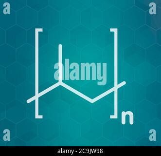 Polypropylene (polypropene, PP) plastic, chemical structure. White skeletal formula on dark teal gradient background with hexagonal pattern. Stock Photo