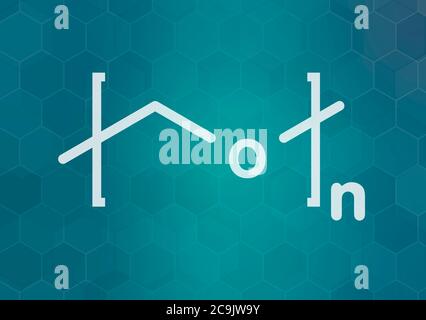 Polyoxymethylene (POM, acetal, polyformaldehyde) plastic polymer, chemical structure. White skeletal formula on dark teal gradient background with hex Stock Photo
