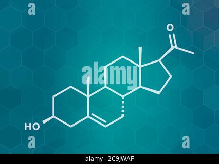 Pregnenolone neurosteroid and prohormone molecule, chemical structure. White skeletal formula on dark teal gradient background with hexagonal pattern. Stock Photo