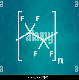 Polytetrafluoroethylene (PTFE) polymer, chemical structure. Used as lubricant and in non-stick cookware. White skeletal formula on dark teal gradient Stock Photo