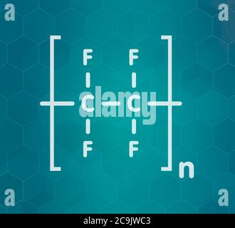 Polytetrafluoroethylene (PTFE) polymer, chemical structure. Used as lubricant and in non-stick cookware. White skeletal formula on dark teal gradient Stock Photo