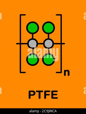 Polytetrafluoroethylene (PTFE) polymer, chemical structure. Used as lubricant and in non-stick cookware. Stylized skeletal formula: Atoms are shown as Stock Photo