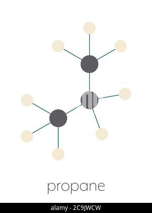 Propane hydrocarbon molecule. Alkane used as fuel in portable stoves, gas blowtorches, cars, etc. Stylized skeletal formula (chemical structure). Atom Stock Photo