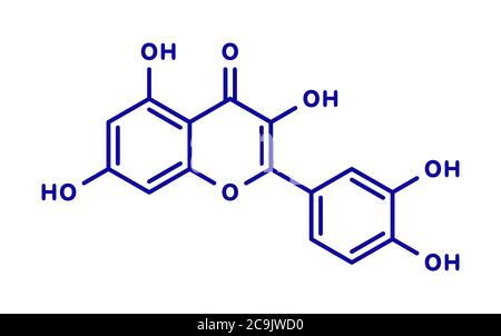 Quercetin plant molecule. Blue skeletal formula on white background. Stock Photo