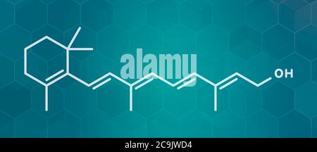 Vitamin A (retinol) molecule. White skeletal formula on dark teal gradient background with hexagonal pattern. Stock Photo