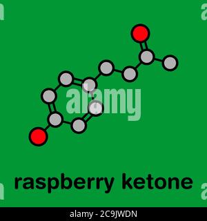 Raspberry ketone molecule. Primary aroma compound of raspberries. Used as food additive and in nutritional supplements. Stylized skeletal formula (che Stock Photo