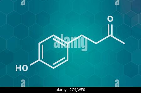 Raspberry ketone molecule. Primary aroma compound of raspberries. Used as food additive and in nutritional supplements. White skeletal formula on dark Stock Photo