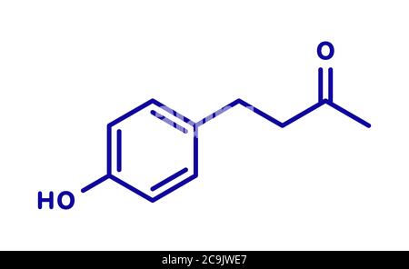 Raspberry ketone molecule. Primary aroma compound of raspberries. Used as food additive and in nutritional supplements. Blue skeletal formula on white Stock Photo