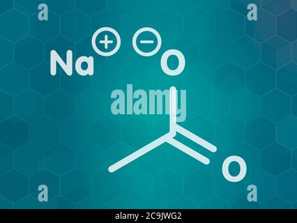 Sodium acetate, chemical structure. White skeletal formula on dark teal gradient background with hexagonal pattern. Stock Photo