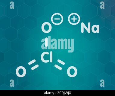 Sodium chlorate salt, chemical structure. White skeletal formula on dark teal gradient background with hexagonal pattern. Stock Photo