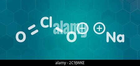 Sodium chlorite, chemical structure. White skeletal formula on dark teal gradient background with hexagonal pattern. Stock Photo