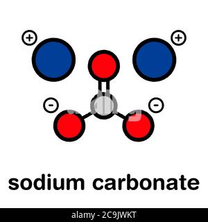 Sodium carbonate salt (washing soda, soda crystals), chemical structure. Stylized skeletal formula (chemical structure): Atoms are shown as color-code Stock Photo