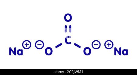 Sodium carbonate salt (washing soda, soda crystals), chemical structure. Blue skeletal formula on white background. Stock Photo