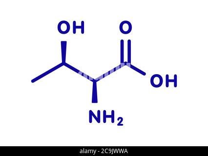 Threonine (l-threonine, Thr, T) amino acid molecule. Blue skeletal formula on white background. Stock Photo