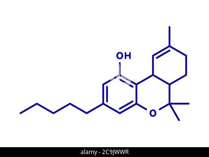 THC (delta-9-tetrahydrocannabinol, dronabinol) cannabis drug molecule. Blue skeletal formula on white background. Stock Photo