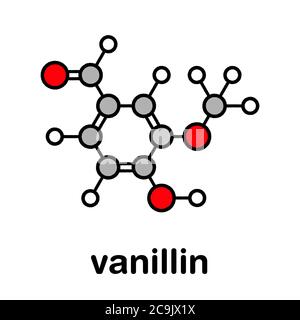 Vanillin vanilla extract molecule. Stylized skeletal formula (chemical structure). Atoms are shown as color-coded circles with thick black outlines an Stock Photo