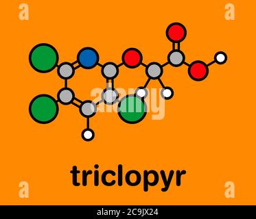 Triclopyr herbicide (broadleaf weed killer) molecule. Stylized skeletal formula (chemical structure). Atoms are shown as color-coded circles with thic Stock Photo