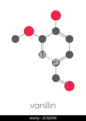 Vanillin vanilla extract molecule. Stylized skeletal formula (chemical structure). Atoms are shown as color-coded circles connected by thin bonds, on Stock Photo