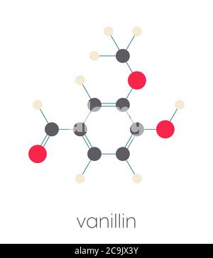 Vanillin vanilla extract molecule. Stylized skeletal formula (chemical structure). Atoms are shown as color-coded circles connected by thin bonds, on Stock Photo