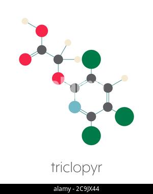 Triclopyr herbicide (broadleaf weed killer) molecule. Stylized skeletal formula (chemical structure). Atoms are shown as color-coded circles connected Stock Photo