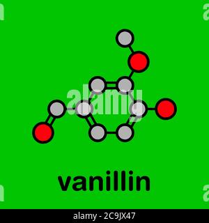 Vanillin vanilla extract molecule. Stylized skeletal formula (chemical structure). Atoms are shown as color-coded circles with thick black outlines an Stock Photo