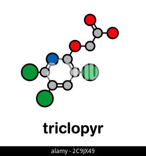 Triclopyr herbicide (broadleaf weed killer) molecule. Stylized skeletal formula (chemical structure). Atoms are shown as color-coded circles with thic Stock Photo