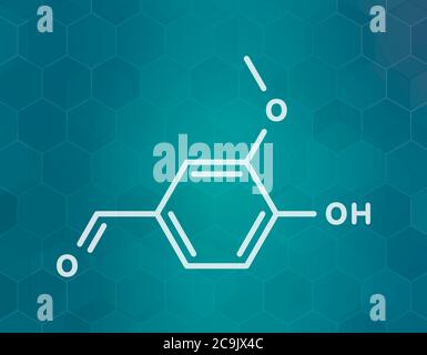 Vanillin vanilla extract molecule. White skeletal formula on dark teal gradient background with hexagonal pattern. Stock Photo