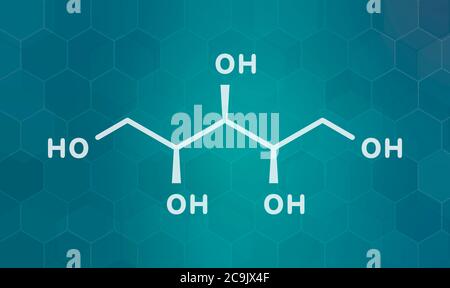 Xylitol artificial sweetener molecule. Used as sugar substitute. White skeletal formula on dark teal gradient background with hexagonal pattern. Stock Photo