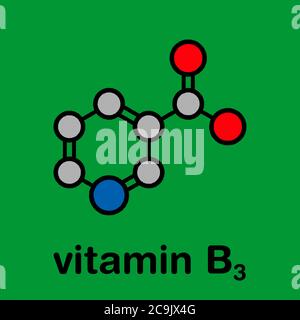 Vitamin B3 (niacin) molecule. Stylized skeletal formula (chemical structure). Atoms are shown as color-coded circles with thick black outlines and bon Stock Photo