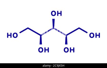 Xylitol artificial sweetener molecule. Used as sugar substitute. Blue skeletal formula on white background. Stock Photo