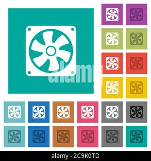 Computer fan multi colored flat icons on plain square backgrounds. Included white and darker icon variations for hover or active effects. Stock Vector