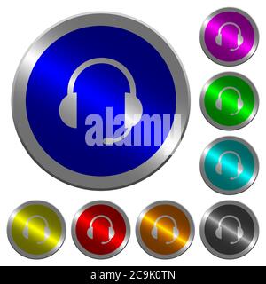 Headset with microphone icons on round luminous coin-like color steel buttons Stock Vector