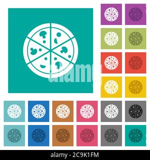 Pizza multi colored flat icons on plain square backgrounds. Included white and darker icon variations for hover or active effects. Stock Vector