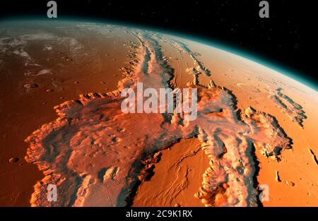 Illustration of an oblique view of the giant Valles Marineris canyon system on Mars. The Valles Marineris is over 3000 kilometres long and up to 8 kil Stock Photo