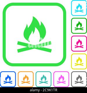 Camp fire vivid colored flat icons in curved borders on white background Stock Vector
