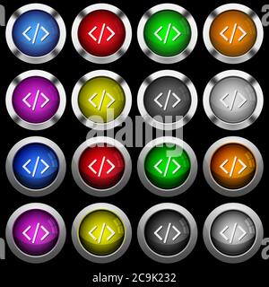 Script code white icons in round glossy buttons with steel frames on black background.The buttons are in two different styles and eight colors. Stock Vector