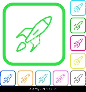 Launched rocket vivid colored flat icons in curved borders on white background Stock Vector
